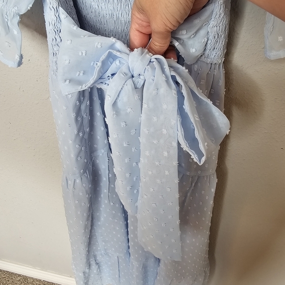 Merokeety Dress Sz‎ L Puff Sleeve Soft Girl Flowy Midi Feminine Pastel Blue NEW - Picture 10 of 15